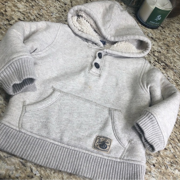 GAP Pullover Hoodie Sherpa Lined Tan Gray 3T - Picture 3 of 6